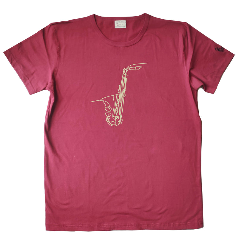 T-shirt homme bio Sambalou couleur rouge bordeaux - motif  saxo