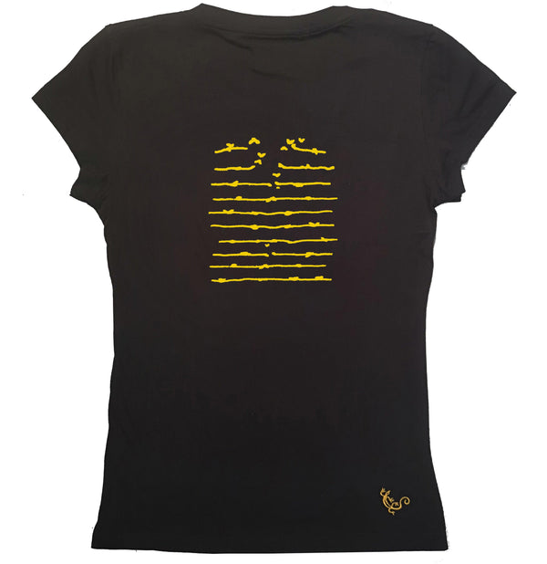 T-shirt femme BIO col V noir " Flybarbelé " jaune