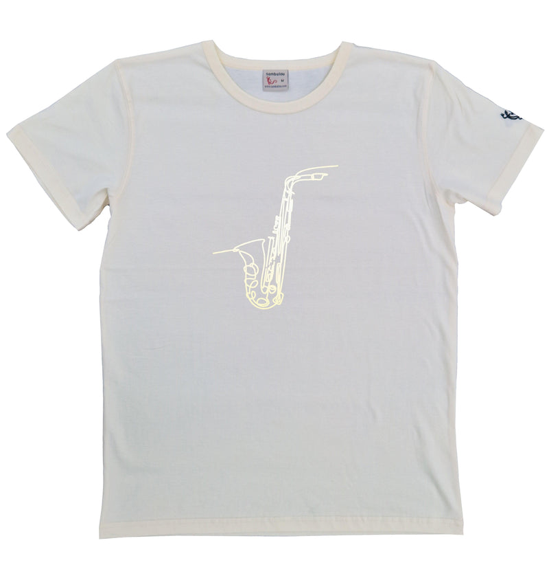 T-shirt homme bio Sambalou couleur blanc cassé- motif  saxo
