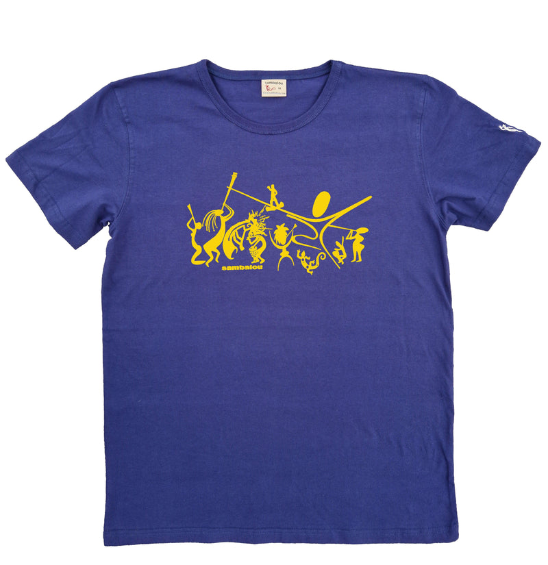 T-shirt homme classique col rond - couleur bleu gris - motif sambadance , danseur + musicien cocopelli - coton biologique - sérigraphie - sambadnace bleu marine