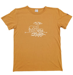 T-shirt homme bio Sambalou couleur jaune moutarde - motif trait d'arbre Eléphant 