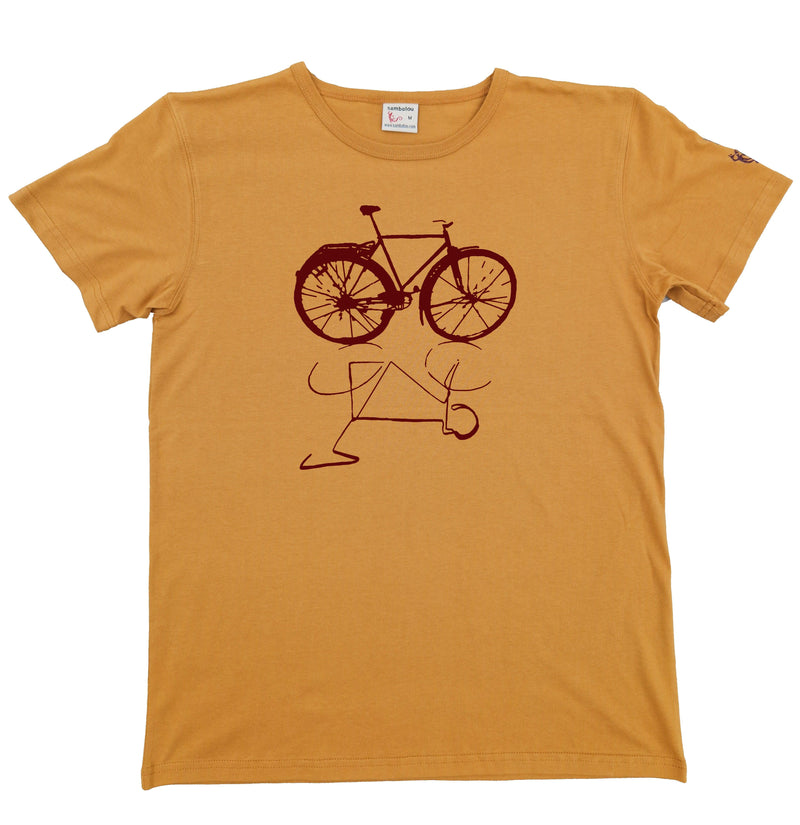 t-shirt bio classique homme sambalou couleur jaune moutarde - motif vélo live