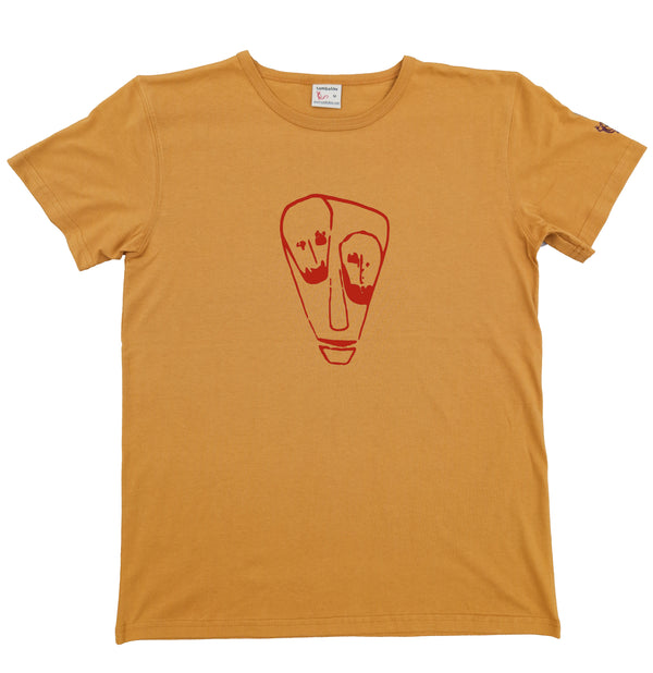 T-shirt homme bio Sambalou couleur jaune moutarde masque allongé