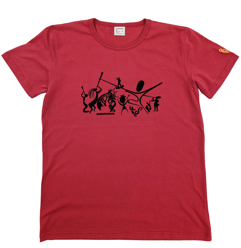 T-shirt "Sambadance" Rouge - motif brun - T-shirt homme rouge 100% coton biologique - Sérigraphie en Belgique - Tee shirts originaux et colorés - Sambalou motif sambadance rouge