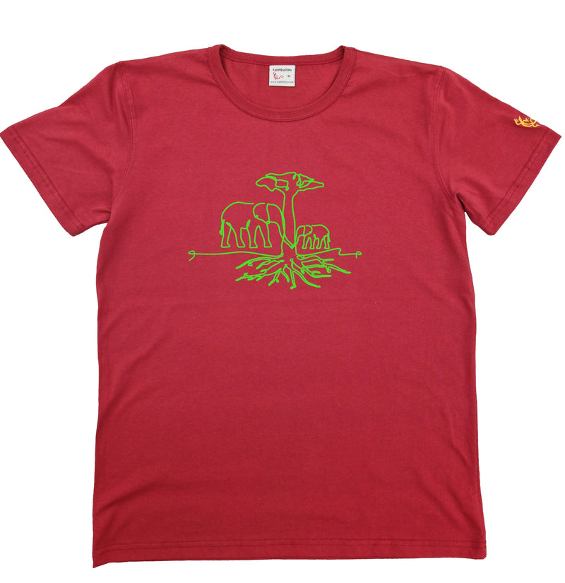 T-shirt homme bio Sambalou couleur rouge - motif trait d'arbre Eléphant 