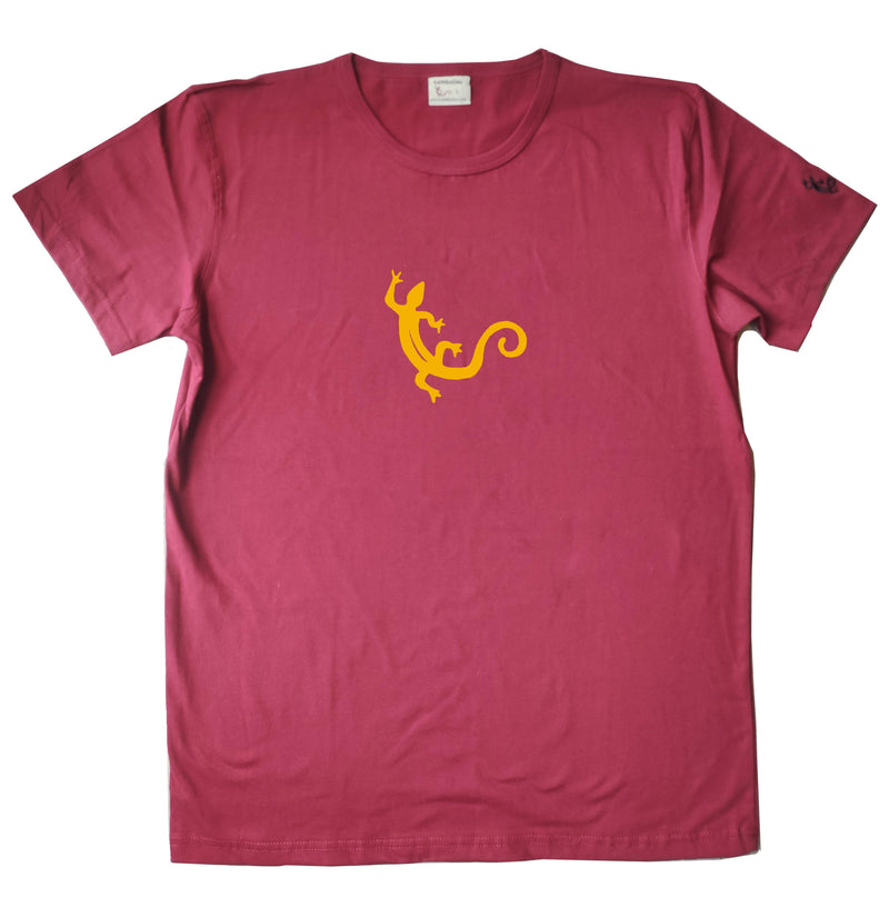 T-shirt "Salamandre" rouge bordeaux - motif jaune - T-shirt homme brun 100% coton biologique - Sérigraphie en Belgique - Tee shirts originaux et colorés - Sambalou  t-shirt homme couleur rouge bordeaux 2023 salamndre