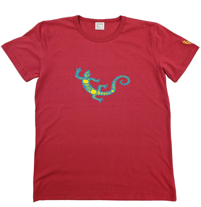 T-shirt homme bio Sambalou couleur rouge salamandre 2 couleurs bleu et jaune