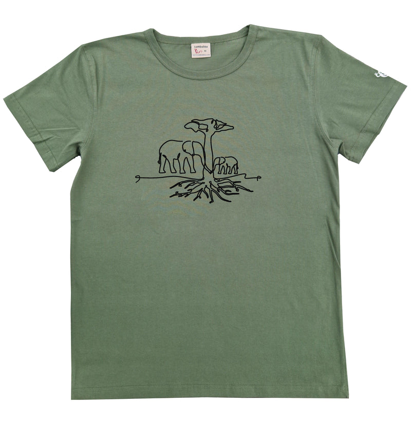 T-shirt homme bio Sambalou couleur vert kaki - motif trait d'arbre Eléphant 