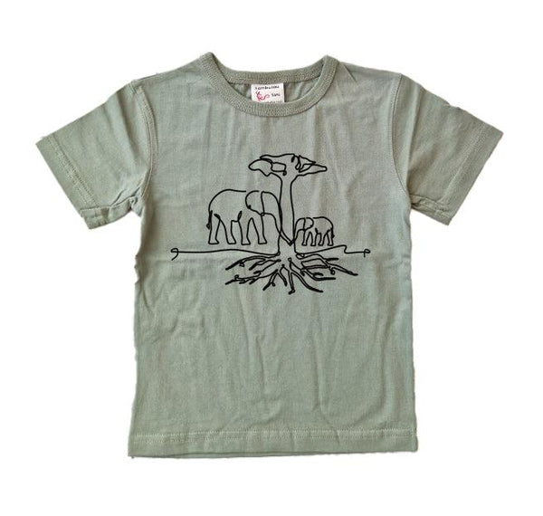 t-shirt enfant sambalou vert olive trait d'arbre elephant