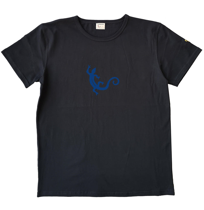 T-shirt "Salamandre" noir - motif ocre - T-shirt homme noir 100% coton biologique - Sérigraphie en Belgique - Tee shirts originaux et colorés - Sambalou