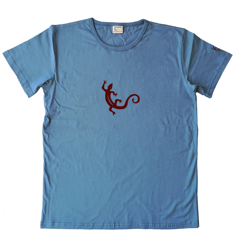 T-shirt "Salamandre" bleu gris - motif brun - T-shirt homme bleu gris 100% coton biologique - Sérigraphie en Belgique - Tee shirts originaux et colorés - Sambalou