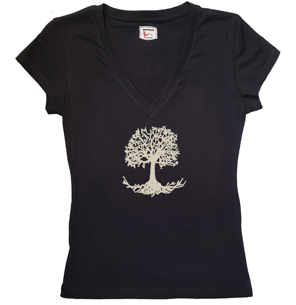 T-shirt femme BIO col v - t-shirt noir - arbre blanc cassé