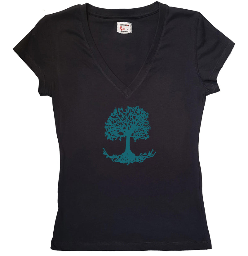 T-shirt femme BIO col v - t-shirt noir - arbre bleu ciel