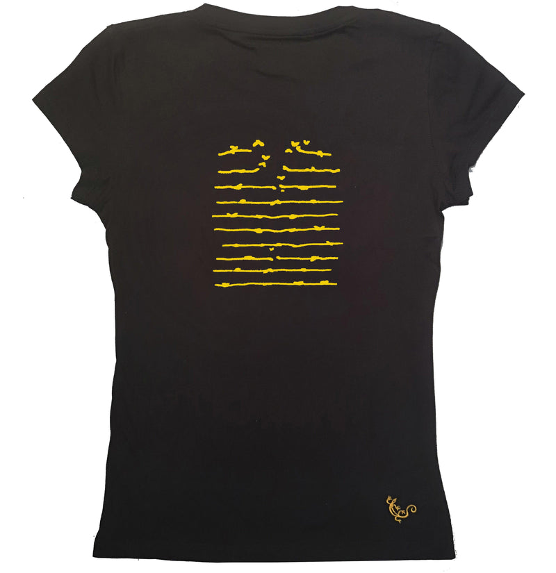 T-shirt femme BIO col V noir " Flybarbelé " jaune