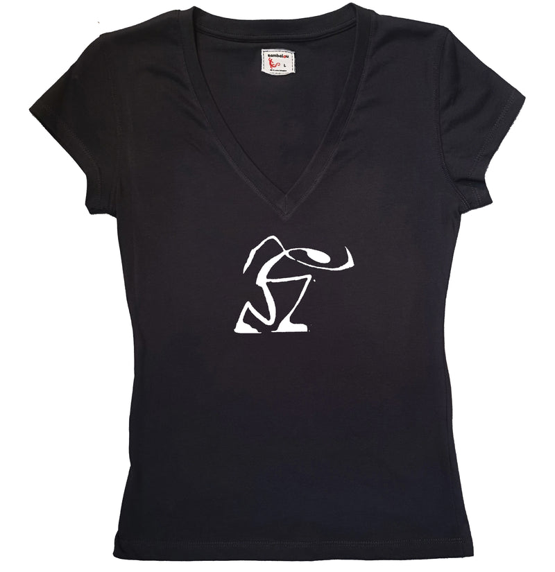T-shirt femme BIO col V noir " Marcheur " blanc