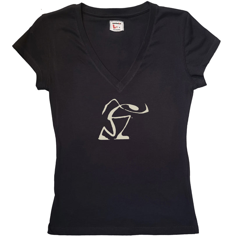 T-shirt femme BIO col V noir " Marcheur " blanc cassé