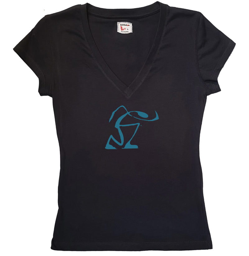 T-shirt femme BIO col V noir " Marcheur " bleu ciel