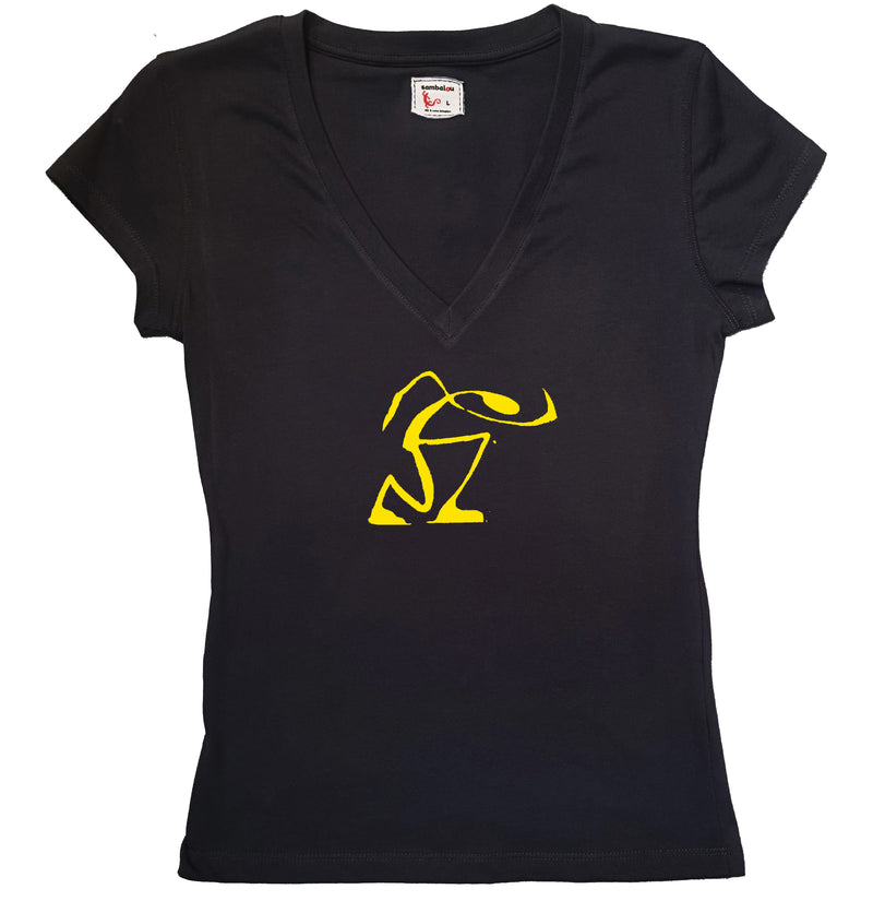 T-shirt femme BIO col V noir " Marcheur " jaune