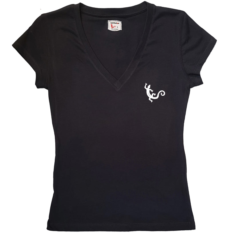 T-shirt femme BIO col v - t-shirt noir - Salamandre pochette blanc