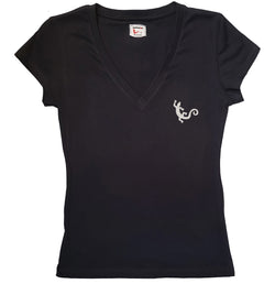 T-shirt femme BIO col v - t-shirt noir - Salamandre pochette blanc cassé
