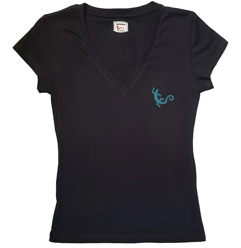 T-shirt femme BIO col v - t-shirt noir - Salamandre pochette bleu ciel