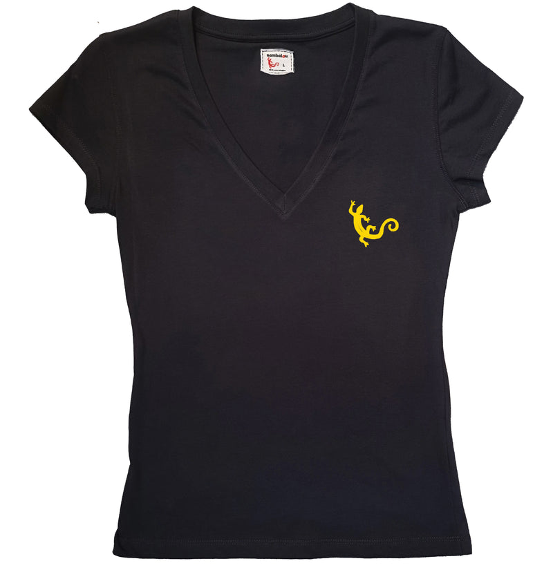 T-shirt femme BIO col v - t-shirt noir - Salamandre pochette jaune