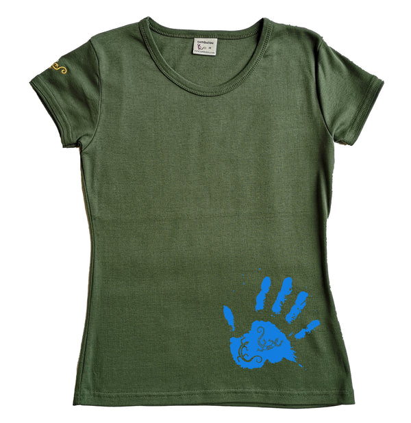 la main salamandre bleu - t-shirt femme bio couleur vert kaki