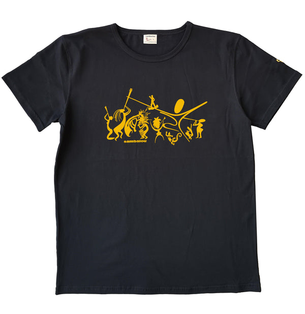 T-shirt homme classique col rond - couleur noir - motif sambadance , danseur + musicien cocopelli - coton biologique - sérigraphie - marque belge t-shirt bio